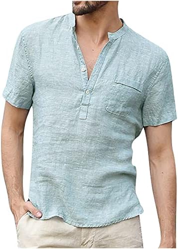Мъжки ленени ризи Henley, ежедневни тениски с къс ръкав, леки тениски, летни плажни върхове с джобове