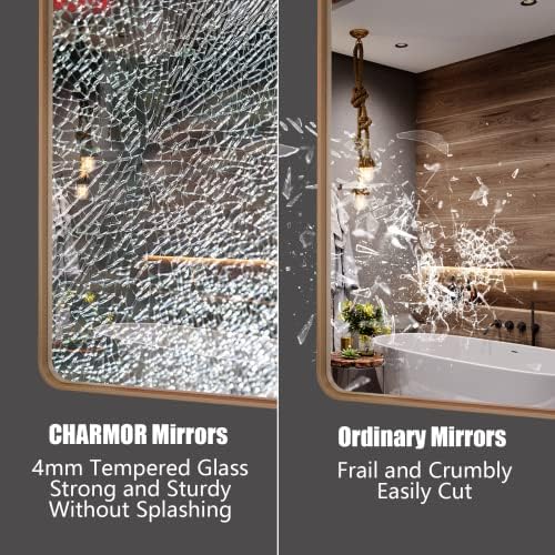 Огледало за баня CHARMOR 22x30 от Матово Злато, Тоалетен Огледало в Златна Метална Рамка, Модерна Правоъгълна