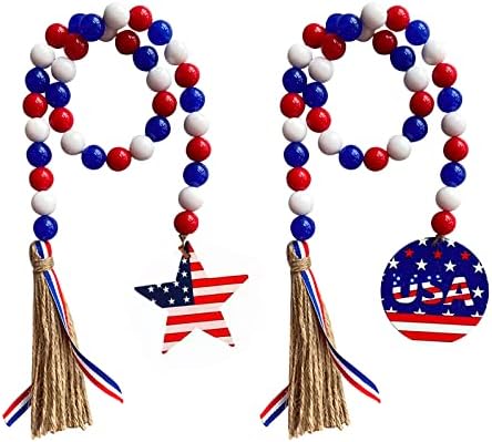 2 Опаковки Ден на Независимостта Венец от Дървени Мъниста, с Пискюли Флаг на САЩ Звезда Патриотични Ветерани
