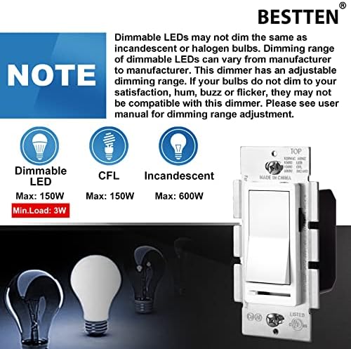 [10 x] Стенен прекъсвач BESTTEN Dimmer, полюс или 3-позиционен, съвместим с регулируеми led, КФЛ, лампи с нажежаема