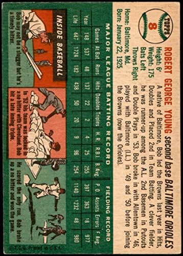 1954 Topps 8 С Боб Янгом Балтимор Авлига (Бейзболна картичка) (Бяла въртене), БИВШ Авлига