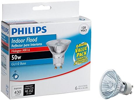 Philips 415760 50-Ваттная халогенна лампа за осветление на помещения MR16 GU10 със 120 волта, 6 бр. в опаковка