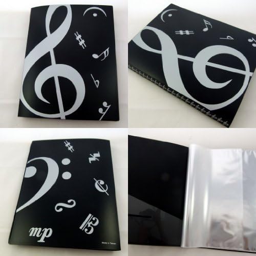 Музикална тема, 20 джобове, пластмасова папка-книга, меки корици - черна корица, дизайн с бял скрипичным ключ