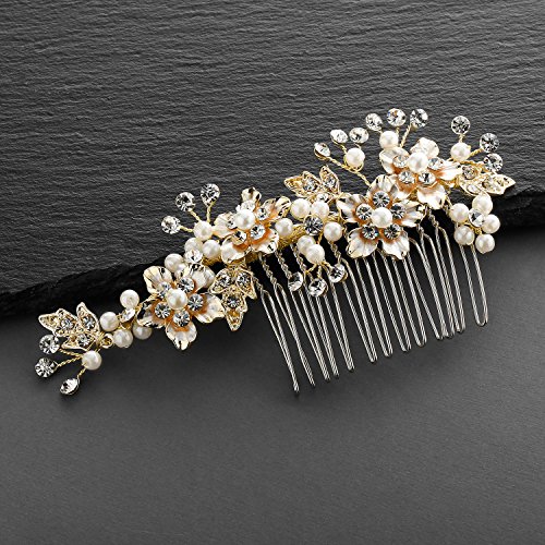 Сватбена гребен Mariell ръчно изработени от матирано злато и перли, цвят слонова кост - аксесоар за косата на