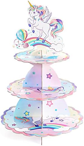Еднорог cupcake щанд - Rainbow unicorn парти украса за момичета на рождения ден на 3 нива торта щанд на cupcake