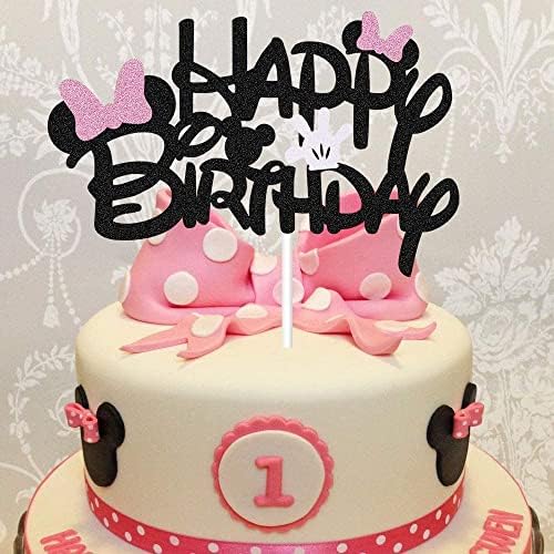Брилянтен черен Topper за Тортата с честит Рожден Ден в стил Мини маус с Розови Панделки и Бели Ръкавици, Украса