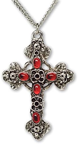 Готически Филигранный Кръст с Червени Камъни Средновековния Ренесанс Пютър Висулка Колие