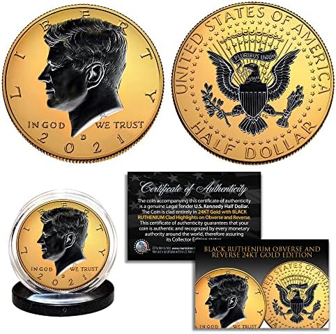24-Каратная златна двустранно монета в полдоллара Кенеди 2021 година с черен рутением - Денвър MIint