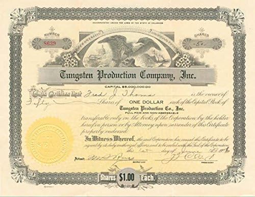 Tungsten Production Co, Inc - Сертификат за състав на химичните елементи
