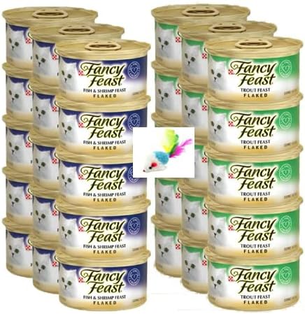 30 Кутии с влажен храна за котки Fancy Feast Flaked Variety Pack - В комплект с играчка мишка (Риби, скариди и пъстърва в хлопьях)