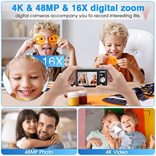 Цифров фотоапарат, Детска помещение Nsoela 4K FHD 48MP с карта памет от 32 GB, Компактен фотоапарат за Насочване и стрелба, 2,8-инчов LCD екран, 16-кратно цифрово увеличение, Прено