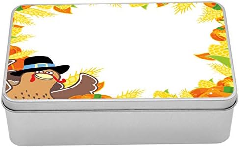Метална Кутия Ambesonne за Деня на Благодарността, Забавен Cartoony Фигура Царевица и Тиква, Селска Рамка, събирането на реколтата, на Тема Хранене, Многоцелеви Правоъгълен