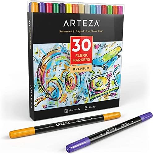 Маркери за рисуване върху плат ARTEZA, Комплект от 30 парчета, Перманентен Маркер за тъкани с две топчета, Различни