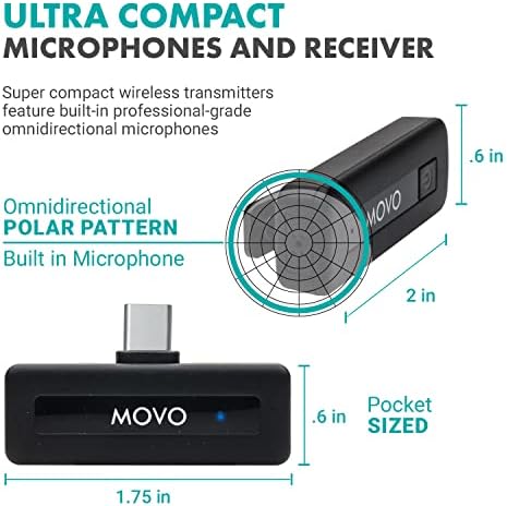 Безжичен микрофон Movo Wireless Mini UC Duo за Android - Ультракомпактный Bluetooth и микрофон за Android с закрепляемым wi-петличным микрофон за Android - (живот на батерията 10 часа, обхват 164 f
