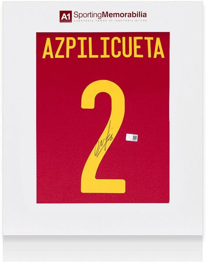 Тениска на националния отбор на Испания с автограф Сезар Аспиликуэты - 2020-21, номер 2 - Подарък кутия - Футболни фланелки с автографи