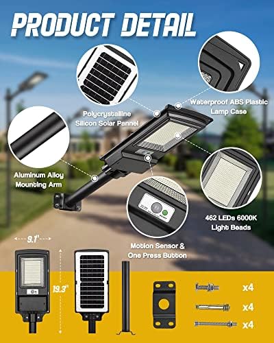 KingHe 3 Серии Улични лампи със слънчева енергия, 100 W Слънчеви Улично Осветление на открито от здрач до Зори Водоустойчива IP65 дистанционно управление, 6000 До 12000 mah Уличе