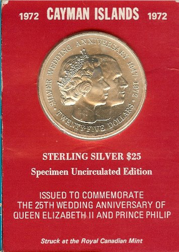 1972 Сребро Каймановите острови 25 - та годишнина от QEII $25 долара