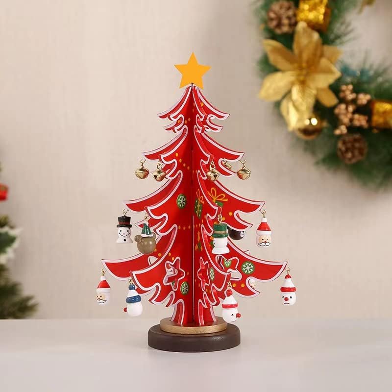 Червена Дървена Малка Коледна Елха - 12-инчов 3D Мини Коледно Дърво Настолна Коледно Дърво Е високо стойностно