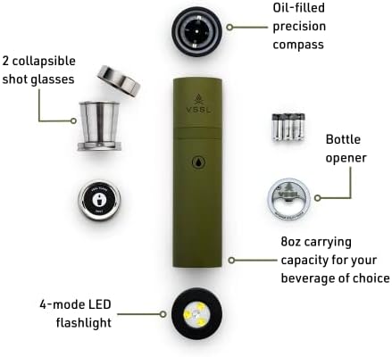 VSSL Flask - 9 грама стъклена колба за приключение с 2 разтегателни рюмками и 4-режимной led осветление (зелен)