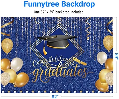 Funnytree 7X5FT 2023 Фон за бала клас за снимане на Злато и синьо, Шапка за Бакалавър, Балон, Поздравления Възпитаници,