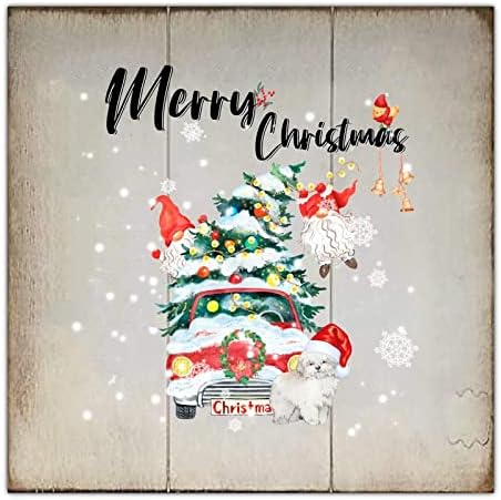 Ретро Стил 12x12 инча Коледен Дървен Палет За Домашни Любимци, Червен Камион, Хижи на Коледното Дървото, Весела