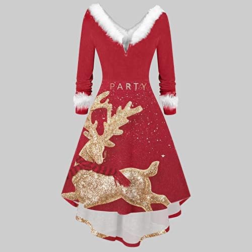 Женствена рокля за Коледното парти, Модни Плюшена Рокля с дълги ръкави и V-образно деколте с Неправилна форма,