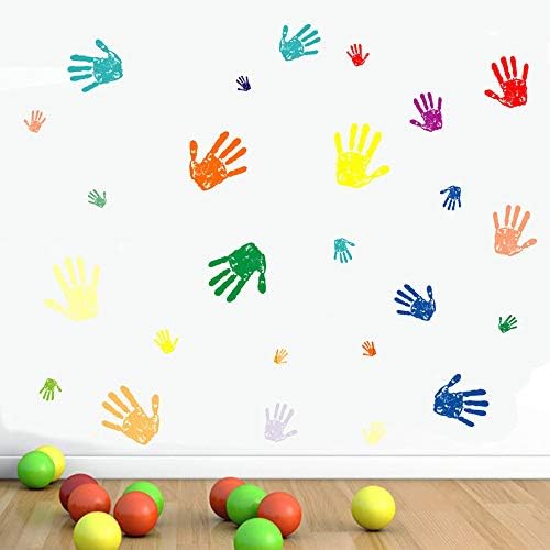 Цветни Отпечатъци от ръце Стикер на стената, Щастлив Всеки Ден Цветни Малки и Големи Отпечатъци от ръце Боя