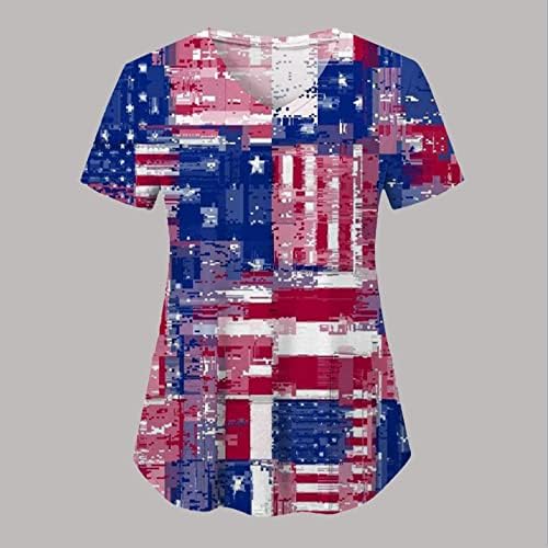 На 4 юли, Женска Тениска с Американския Флаг, Летни Тениски с Къс ръкав и V-образно деколте, 2 Джоба, Блузи,