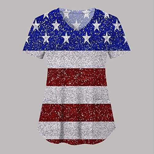 На 4 юли, Женска Тениска с Американския Флаг, Летни Тениски с Къс ръкав и V-образно деколте, 2 Джоба, Блузи,