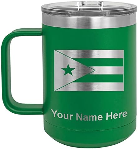 Кафеена чаша LaserGram с вакуумна изолация на 15 унция, Флаг Пуерто-Рико, Индивидуална Гравиране В пакет (Зелена)