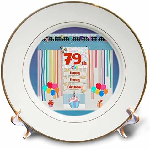 Триизмерен образ на етикет на 79-ия рожден ден, Торта, Свещи, балони, подаръци, Серпентина - Чинии (cp_360014_1)