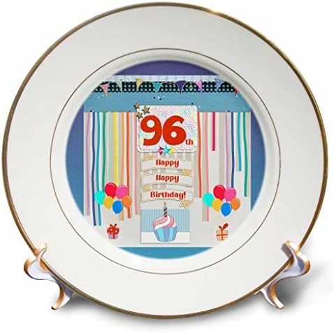 Триизмерен образ на етикет с участието на 96-та годишнина, Торта, Свещи, балони, подаръци, Серпентина - Чинии