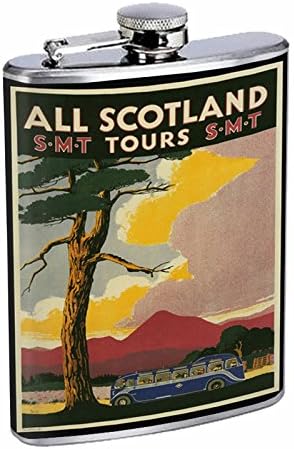 Стилна фляжка от неръждаема стомана 8 грама, ретро постер D-096, автобусни екскурзии в цяла Шотландия