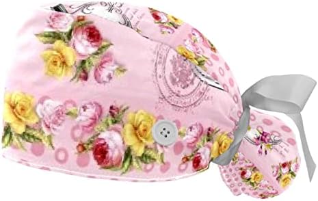 Розова Работна Шапка Magpie с Пуговицей и тренировъчната панделка, 2 Опаковки Многократно Хирургически шапки
