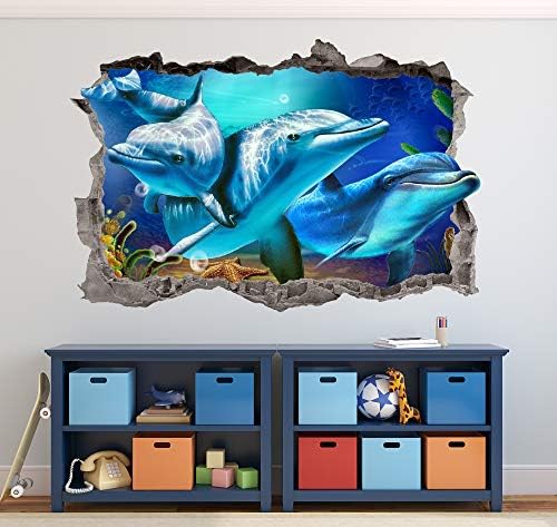 Делфините Стикер На стената на Океана 3D Художествени Етикети Винил Декор на Стените (50 W x 34В)