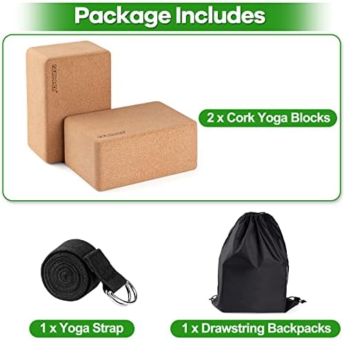 FAURIMMER 2 Опаковки блокове за йога от естествен корк с каишка и раници с дантела прозорци - Тухли с висока