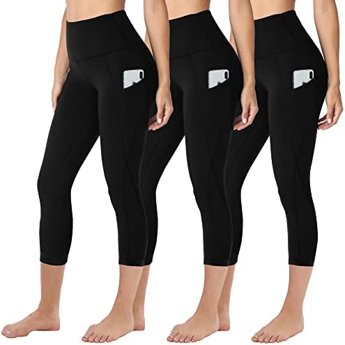 HLTPRO 3 Опаковки Леггинсов-капри за жени с джобове - Черни Панталони капри за йога с висока талия и контрол