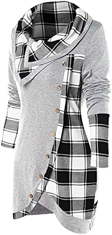 Асиметричен пуловер с дълъг ръкав, дамски hoody в клетката на копчета, Ежедневна туника с качулка, блуза, блузи