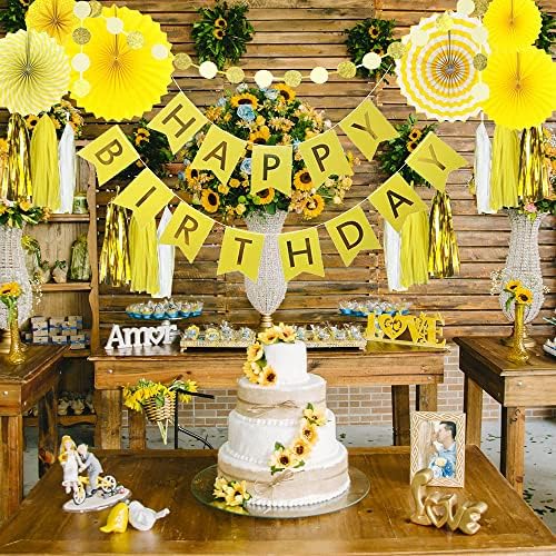 Жълто украса за парти по случай рождения Ден - 6 Висящи Вентилатори, Банер за рожден Ден, Декоративна Кръгла