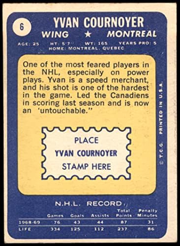 1969 Топпс 6 Иван Курнойер Монреал Канадиенс (Хокейна карта) VG/БИВШ Канадиенс