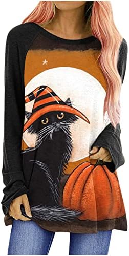 Облекло Модерен Памучен Тениска с Кръгло Деколте и Дълъг Ръкав, Графична Празнична Ежедневна Блуза за Хелоуин,