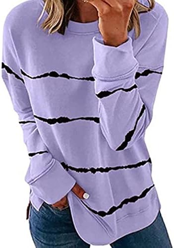 Дамски Hoody с Цветен Блок, Пуловер с кръгло деколте и дълги ръкави на Райета, Блузи, Модни Лека Свободна Туника,