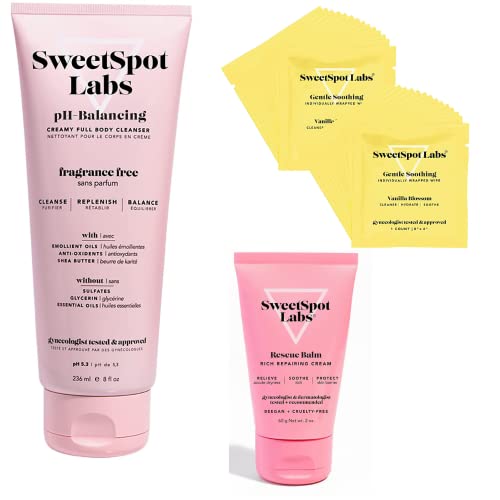 Набор от след раждането средства SweetSpot Labs Essentials: Женственное средство за измиване на тялото с балансирано ниво на pH, Без мирис, Спасителен Балсам и Салфетки в индиви