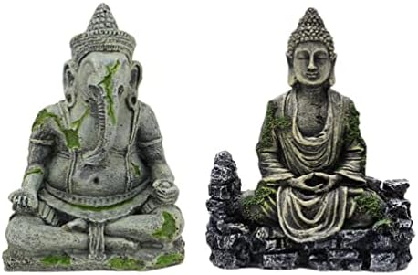Аквариум YARDWE Статуетка на Седнал Буда Статуи: Скулптура на Слон Буда 2 бр., Къщичка за риба, Местообитание,