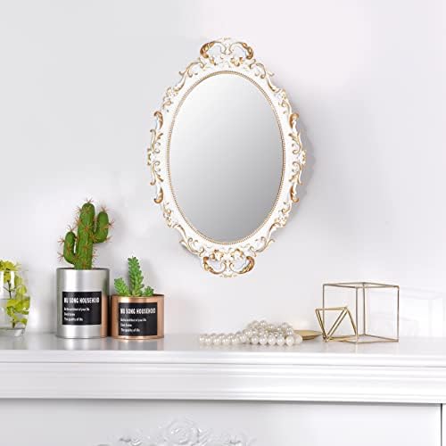 Винтажное декоративно огледало в бяла рамка Tstarer, малко овално стенно подвесное огледало - 9,6 W x 14,3 Д