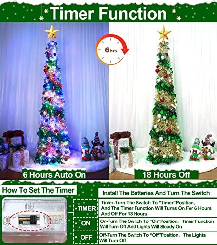 5 Фута Карандашная Коледно Дърво със светлини, Балони с Таймер, Бижута, 50 Многоцветни led 3D Междузвездни Пайети,