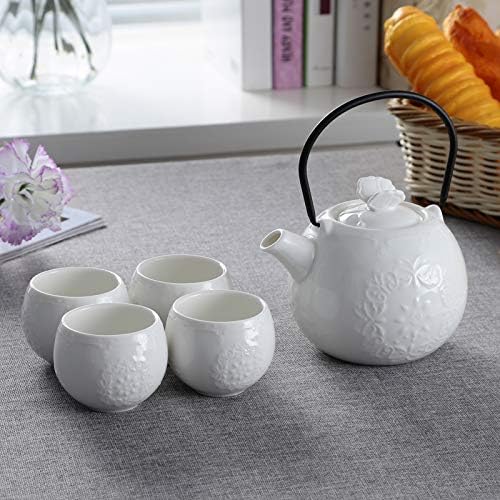 Чай в японски стил - Комплект бели чаени чаши, Модерен Порцеланов чайник с 4 Чаени чаши и вграден заварочным