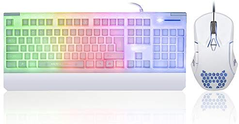 Комбинирана Детска Клавиатура и мишка Бял цвят с Разноцветни Светлини, Дъгова Led Клавиатура с Ергономични Подвижни