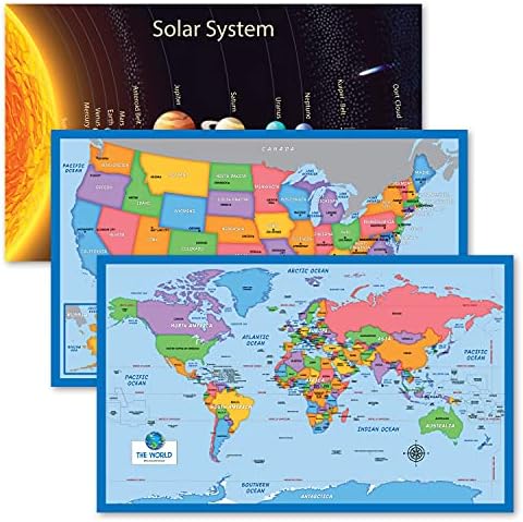 Palace Обучение 3 комплекта - Постер със Слънчева система за деца [Дълго] + Опростен набор от карти на САЩ и