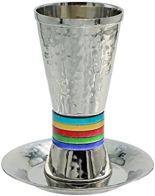 Чаша и чиния за кидуша от никел Yair Emanuel 5 цвята | цилиндрична форма | цвят за работа с чук (разрез-1)